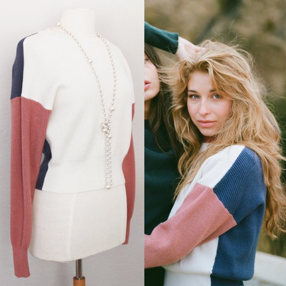 NEW Comune Bonnie Pink Indigo Ivory Colorblock Rib Knit Crew Neck Sweater $88 - Picture 2 of 13